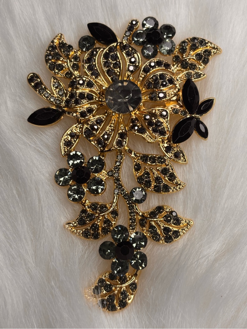 Black & Gold Rhinestone Floral Statement Brooch
